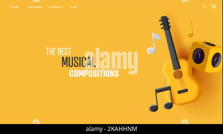 3d composition avec guitare classique et notes et boombox, affiche jaune monochrome graphique moderne Illustration de Vecteur