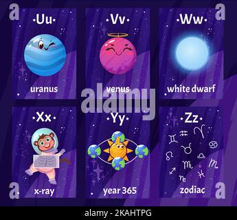 Flashcards de l'alphabet anglais avec lettres de U à Z pour l'éducation des enfants. Carte flash imprimable pour enfants avec un astronaute avec scanner à rayons X, planètes en cosmos, nain blanc, zodiaque chante pour apprendre des lettres Illustration de Vecteur