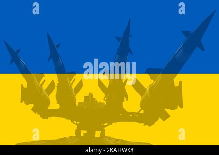 système antiaérien de défense antimissile sur fond de drapeau de l'ukraine Banque D'Images
