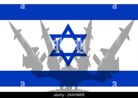 Système antiaérien de défense antimissile sur fond de drapeau d'Israël Banque D'Images