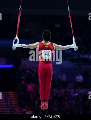 Liverpool, Royaume-Uni. 02nd novembre 2022. 02.11.2022, Liverpool, M&S Bank Arena, FIG Artistic World Gym Championships, Hao You (CHN) en action sur les anneaux lors de la finale de l'équipe masculine (Daniela Porcelli/SPP-JP) Credit: SPP Sport Press photo. /Alamy Live News Banque D'Images