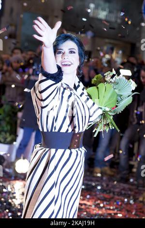 Dolcenera pendant le tapis rouge au festival de musique Sanremo 66th sur 8 février 2016. (Photo de Manuel Romano/NurPhoto) *** Veuillez utiliser le crédit du champ de crédit *** Banque D'Images