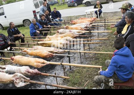 Les habitants du village de Patalenitsa, à 120 km de Sofia, Bulgarie, torréfient des agneaux entiers sur une broche le jour de Saint-Georges. Cette tradition a lieu chaque année sur 6 mai, depuis plus de 60 ans maintenant. (Photo de Hristo Vladev/NurPhoto) Banque D'Images