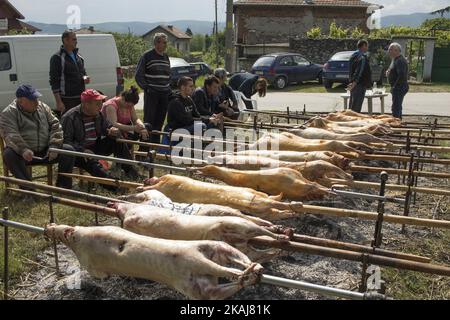 Les habitants du village de Patalenitsa, à 120 km de Sofia, Bulgarie, torréfient des agneaux entiers sur une broche le jour de Saint-Georges. Cette tradition a lieu chaque année sur 6 mai, depuis plus de 60 ans maintenant. (Photo de Hristo Vladev/NurPhoto) Banque D'Images