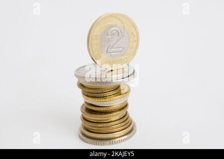 Bydgoszcz, Pologne - 31 juillet 2016. Les pièces de monnaie zloty polonaises sont visibles. (Photo de Jaap Arriens/NurPhoto) *** Veuillez utiliser le crédit du champ de crédit *** Banque D'Images