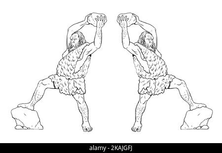 Homme préhistorique - Néandertal. Ancêtres des humains. Éteint humain de l'âge de glace. Dessin numérique pour colorier. Banque D'Images