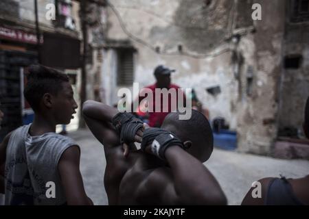 Enfants de boxe à la Havane, Cuba, le 10 décembre 2016. Dans une salle de gym en ruines, littéralement effondrée, formez un grand groupe d'enfants de 9 ans. Les écoliers de l'un des quartiers les plus déprimés de la Havane qui travaillent quotidiennement dans un sport qui représente plus qu'une médaille ou une ceinture du monde, rêvent que la boxe peut leur apporter l'occasion d'une vie meilleure, S'échapper de l'île et réaliser les rêves qui semblent impossibles à Cuba. *** Veuillez utiliser le crédit du champ de crédit *** Banque D'Images