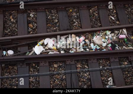 Au Brésil, la saison des pluies commence à l'approche de l'été. L'eau de pluie s'accumule dans les flaques et les déchets rejetés irrégulièrement sur les rails de la ville, ce qui augmente la population de moustiques capables de transmettre des maladies. Selon les données du Ministère de la Santé, en 2016 1 946 765, des cas de dengue, de virus Zika et de Chikungunya ont été enregistrés, ce qui a causé la mort de 734 personnes. Dans cette image, il est possible de voir les ordures et l'eau accumulée sur les voies ferrées qui transportent des passagers dans la région métropolitaine de Rio de Janeiro le 15 décembre 2016. Les déchets et le gommage accumulent les résidus Banque D'Images