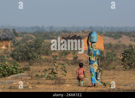 Dans cette photo prise sur 15 décembre,2016,une femme indienne d'une communauté autochtone 'Kol' transporte de l'eau potable dans des conteneurs en acier et en plastique, marchant vers ses abris temporaires, dans le village de Ralaiora, à environ 80 km d'Allahabad. 'Kol' est l'une des rares communautés autochtones du centre de l'inde. Environ 40 familles avec 200 refuges dans ce village isolé. Les villageois obtiennent leur eau potable d'un puits, à 3 km de leurs abris, car la crise de l'eau potable est le principal et le problème de base dans cette région éloignée. Les hommes gagnent leur vie en travaillant asa base quotidienne labeurs et repos Banque D'Images