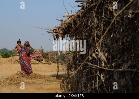 Dans cette photo prise sur 15 décembre,2016,une indienne avec son enfant d'une communauté autochtone 'Kol', attend son mari à l'extérieur de son abri temporaire, qui va prendre de l'eau potable de puits, dans le village de Ralaiora, à environ 80 km d'Allahabad. 'Kol' est l'une des rares communautés autochtones du centre de l'inde. Environ 40 familles avec 200 refuges dans ce village isolé. Les villageois obtiennent leur eau potable d'un puits, à 3 km de leurs abris, car la crise de l'eau potable est le principal et le problème de base dans cette région éloignée. Les hommes gagnent leur vie en travaillant asa base quotidienne labou Banque D'Images