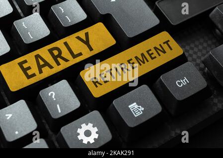 Affiche indiquant la retraite anticipée. Word pour un outil utilisé pour optimiser la convivialité des ressources en ligne création d'un nouveau guide de programmation, saisie Banque D'Images