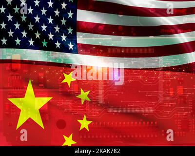 Pénurie de puces électroniques et conflit commercial entre les États-Unis et la Chine. Crise mondiale de la pénurie de puces électroniques et concept de guerre commerciale Chine-États-Unis. Drapeau de la Chine et drapeau des États-Unis sur l'ordinateur Banque D'Images