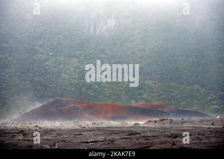 Le petit cratère volcanique « Formica Leo » est vu après la pluie. Il est situé au fond de la caldeira appelée Enclos Fouqué, juste en dessous du col de montagne pas de Bellecombe. Les falaises sont appelées la 'Rempart de Bellecombe'. Le volcan 'Piton de la Fournaise' est situé dans cette caldeira. La Reunion. France. (Photo d'Alain Pitton/NurPhoto) *** Veuillez utiliser le crédit du champ de crédit *** Banque D'Images