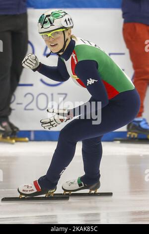 Arianna Fontana (ITA) a remporté la finale de 1500 m - Dames aux Championnats européens de patinage de vitesse sur piste courte de l'UIP 2017 à Turin, Italie, le 14 janvier 2017. (Photo de Mauro Ujetto/NurPhoto) *** Veuillez utiliser le crédit du champ de crédit *** Banque D'Images