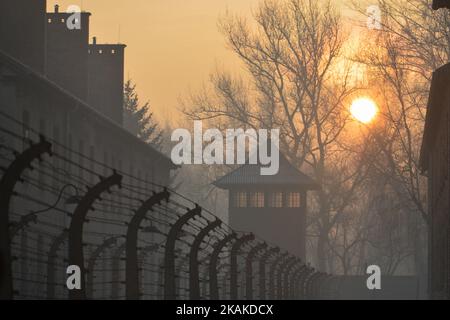 Vue intérieure du camp d'Auschwitz. L'anniversaire de 72nd commémorant la libération du camp allemand de concentration et d'extermination nazi d'Auschwitz-Birkenau a lieu aujourd'hui, à 27 janvier. Vendredi, 27 janvier 2017, Oswiecim, Pologne. Photo par Artur Widak *** Veuillez utiliser le crédit du champ de crédit *** Banque D'Images