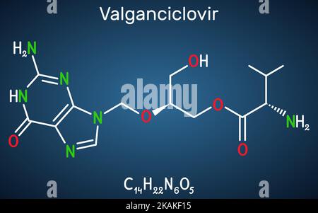 Molécule de valganciclovir. Il s'agit d'un médicament antiviral utilisé pour traiter le cytomégalovirus, le CMV, l'infection chez les personnes atteintes du VIH, le SIDA. Formule chimique structurelle Illustration de Vecteur