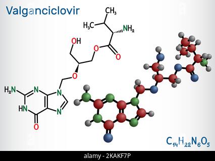 Molécule de valganciclovir. Il s'agit d'un médicament antiviral utilisé pour traiter le cytomégalovirus, le CMV, l'infection chez les personnes atteintes du VIH, le SIDA. Formule chimique structurelle Illustration de Vecteur