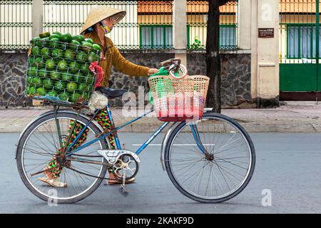 Un motard vietnamien portant un chapeau de bambou vendant des fruits à vélo, Ho Chi Minh ville, Vietnam Banque D'Images