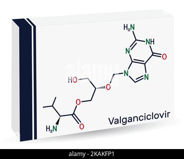 Molécule de valganciclovir. Il s'agit d'un médicament antiviral utilisé pour traiter le cytomégalovirus, le CMV, l'infection chez les personnes atteintes du VIH, le SIDA. Formule chimique du squelette. Illustration de Vecteur