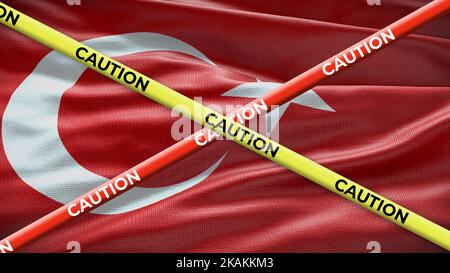 Drapeau national de la Turquie avec bande jaune d'avertissement. Problème dans les nouvelles du pays. 3D illustration. Banque D'Images