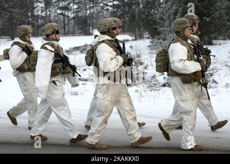 LES soldats DE l'armée AMÉRICAINE marchent sur la route Narva-Joesuu - Narva pendant leurs 3 jours 53km mars conjoint. Plus de 200 soldats du 503rd Infantry Regiment de l'armée américaine et de la Compagnie C du Bataillon des Scouts des Forces de défense estoniennes ont lieu un voyage de trois jours, 53 kilomètres de VOKA à Narva dans le comté d'Ida-Viru (nord-est de l'Estonie) sur 6 février - 9, 2017 (photo de Sergei Stepanov/NurPhoto) *** Veuillez utiliser le crédit du champ de crédit *** Banque D'Images