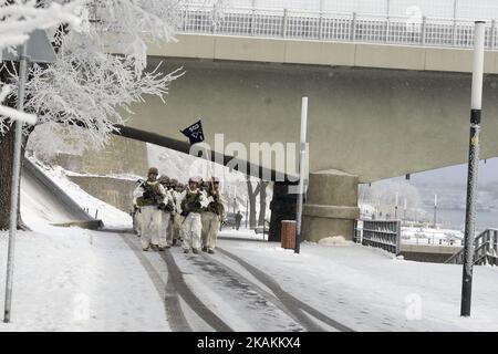 Les soldats AMÉRICAINS et les scouts de l'armée estonienne défilent sur la promenade du fleuve à la frontière entre l'Estonie et la Russie à Narva pendant leurs 3 jours 53km mars conjoint. Plus de 200 soldats du 503rd Infantry Regiment de l'armée américaine et de la Compagnie C du Bataillon des Scouts des Forces de défense estoniennes ont lieu un voyage de trois jours, 53 kilomètres de VOKA à Narva dans le comté d'Ida-Viru (nord-est de l'Estonie) sur 6 février - 9, 2017 (photo de Sergei Stepanov/NurPhoto) *** Veuillez utiliser le crédit du champ de crédit *** Banque D'Images