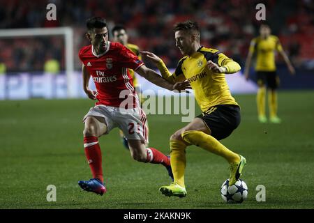 Pizzi (L), avant de Benfica, rivalise avec le milieu de terrain de Dortmund Marco Reus (R) lors du match de la Ligue des champions 2016/17 entre SL Benfica et BVB Borussia Dortmund, à Lisbonne, sur 14 février 2017. (Photo de Carlos Palma/NurPhoto) *** Veuillez utiliser le crédit du champ de crédit *** Banque D'Images