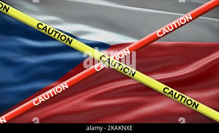 Tchéquie drapeau national avec prudence bande jaune. Problème dans les nouvelles du pays. 3D illustration. Banque D'Images