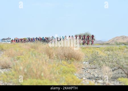 Un peloton de cavaliers, au cours de la cinquième étape, un 152,5km de Sama'il à Jabal Al Akhdhar (montagne verte), à la tournée de vélo 2017 d'Oman. Samedi, 18 février 2017, à Samail, dans la région d'ad Dakhiliyah, Oman. Photo par Artur Widak *** Veuillez utiliser le crédit du champ de crédit *** Banque D'Images