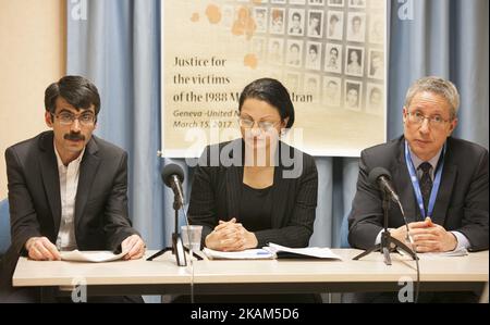 De gauche à droite: Tahar Boumedra, (l'ancien chef du Bureau des droits de l'homme de la Mission d'assistance des Nations Unies pour l'Iraq, MANUI), Azadeh Zabeti (Vice-Président du Comité des avocats anglo-iraniens), Farzad Madadzadeh, (ancien prisonnier politique en Iran emprisonné de 2009 à 2014 pour avoir soutenu le MEK) Au cours de la conférence de presse du Comité international "Justice pour les victimes du massacre de 1988 en Iran" (JVMI) au siège de l'ONU à Genève, mercredi, 15 mars 2017, pour annoncer son premier rapport sur le massacre de 30 000 prisonniers politiques, principalement des partisans des Mojahe du peuple Banque D'Images