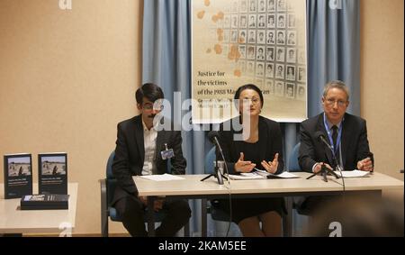 De gauche à droite: Tahar Boumedra, (l'ancien chef du Bureau des droits de l'homme de la Mission d'assistance des Nations Unies pour l'Iraq, MANUI), Azadeh Zabeti (Vice-Président du Comité des avocats anglo-iraniens), Farzad Madadzadeh, (ancien prisonnier politique en Iran emprisonné de 2009 à 2014 pour avoir soutenu le MEK) Au cours de la conférence de presse du Comité international "Justice pour les victimes du massacre de 1988 en Iran" (JVMI) au siège de l'ONU à Genève, mercredi, 15 mars 2017, pour annoncer son premier rapport sur le massacre de 30 000 prisonniers politiques, principalement des partisans des Mojahe du peuple Banque D'Images