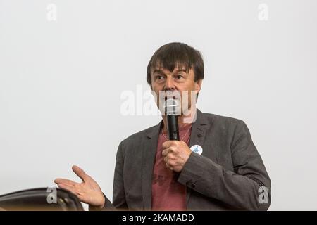 L'écologiste français Nicolas Hulot donne une conférence dans le cadre d'un événement organisé par l'Université Jean Moulin sur 29 mars 2017 à Lyon, France. (Photo de Nicolas Liponne/NurPhoto) *** Veuillez utiliser le crédit du champ de crédit *** Banque D'Images