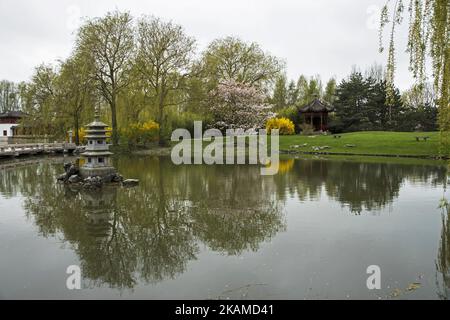 Le jardin chinois est photographié lors d'un aperçu de l'IGA (International Garden Exhibition) 2017 à Berlin, Allemagne sur 7 avril 2017. Les derniers arrangements sont faits pour l'exposition qui ouvrira de 13 avril jusqu'à 15 octobre 2017 dans le quartier de Marzahn-Hellersdorf et d'accueillir, selon les attentes des organisateurs, environ 2 millions de visiteurs. (Photo par Emmanuele Contini/NurPhoto) *** Veuillez utiliser le crédit du champ de crédit *** Banque D'Images