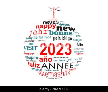 carte de vœux 2023 new year multilingue word cloud en forme de boule de noël Banque D'Images