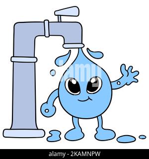 Un adorable petit bout d'eau tombant d'un robinet et agitant, personnage de dessin animé Illustration de Vecteur