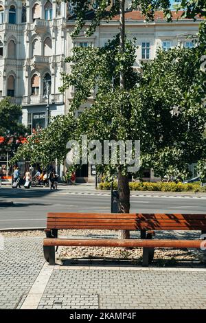 Hongrie, Budapest. 15 JUIN 2022. Vue verticale d'un banc en bois des rues de la ville de Budapest, un jour d'été. Banque D'Images