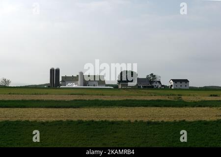 Ferme typique du comté de Lancaster, vue depuis la fenêtre d'un service Amtrak Keystone en direction de Philadelphie, PA sur 30 avril 2017. La diminution du commerce de détail, l'effondrement des infrastructures, les problèmes environnementaux, la pauvreté et le chômage sont présentés dans une perspective sur l'état actuel d'une section de l'Amérique rurale le 101 jour de la présidence de Trump. L'État de Keystone en Pennsylvanie a joué un rôle important dans la victoire de Trump aux élections américaines de 2016. (Photo de Bastiaan Slabbers/NurPhoto) *** Veuillez utiliser le crédit du champ de crédit *** Banque D'Images