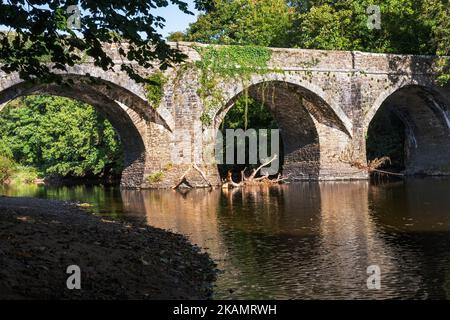 Détail du pont historique Rothern, réflexions et niveau d'eau bas sur la rivière Torridge avec ciel bleu en été: Great Torrington, Devon Banque D'Images