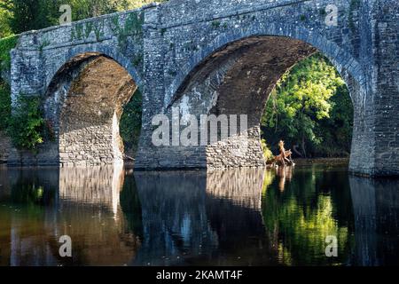 Détail du pont historique Rothern, réflexions et niveau d'eau bas sur la rivière Torridge avec ciel bleu en été - vue en amont: Great Torrington, Banque D'Images