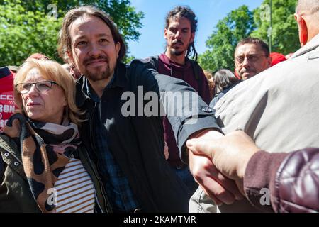 Pablo Iglesias, dirigeant du parti de gauche Podemos, participe à un rassemblement pour marquer le jour de mai, Journée internationale des travailleurs à Madrid, Espagne, sur 01 mai 2016. Chaque année, le jour de mai est observé et commémoré comme un jour férié dans toute l'Espagne. (Photo d'Alvaro Hurtado/NurPhoto) *** Veuillez utiliser le crédit du champ de crédit *** Banque D'Images