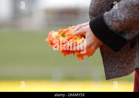 On voit construire un tapis de fleurs en forme de Vistule le 6 mai 2017 sur l'île Mill à Bydgoszcz, Pologne. (Photo de Jaap Arriens/NurPhoto) *** Veuillez utiliser le crédit du champ de crédit *** Banque D'Images