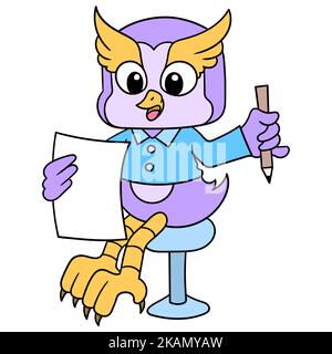Un adorable petit hibou assis sur une chaise et tenant un papier et un stylo Illustration de Vecteur