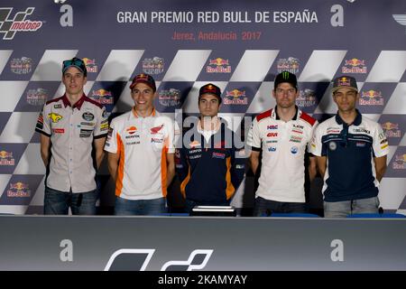 Jerez de la frontera, ESPAGNE - 6th mai 2017: Gran Premio Red Bull d'Espagne. Conférence de presse après la qualification. Sur la photo: #73 Alex MARQUEZ (SPA) EG 0,0 Marc VDS Kalex #93 MARC MARQUEZ (ESPAGNOL) REPSOL HONDA TEAM HONDA #26 DANI PEDROSA (ESPAGNOL) REPSOL HONDA TEAM HONDA #35 CAL CRUTCHLOW (BRITANNIQUE) LCR HONDA HONDA #88 Jorge MARTIN (SPA) Del Conca Gresini Moto3 Honda (photo par Jose Breton/Nurini) *** Veuillez utiliser le crédit du champ de crédit *** Banque D'Images