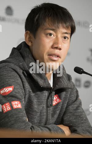 Conférence de presse de Kei Nishikori, sept jours du Mutua Madrid Open de tennis à la Caja Magica sur 12 mai 2017 à Madrid, Espagne. (Photo par Oscar Gonzalez/NurPhoto) *** Veuillez utiliser le crédit du champ de crédit *** Banque D'Images