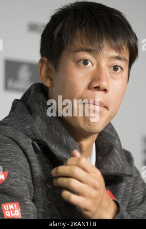 Conférence de presse de Kei Nishikori, sept jours du Mutua Madrid Open de tennis à la Caja Magica sur 12 mai 2017 à Madrid, Espagne. (Photo par Oscar Gonzalez/NurPhoto) *** Veuillez utiliser le crédit du champ de crédit *** Banque D'Images