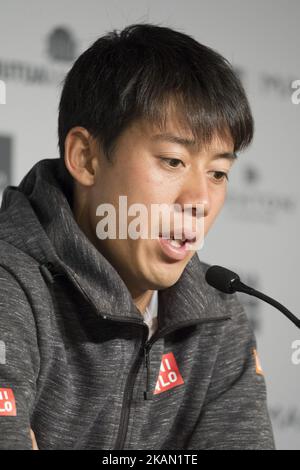 Conférence de presse de Kei Nishikori, sept jours du Mutua Madrid Open de tennis à la Caja Magica sur 12 mai 2017 à Madrid, Espagne. (Photo par Oscar Gonzalez/NurPhoto) *** Veuillez utiliser le crédit du champ de crédit *** Banque D'Images