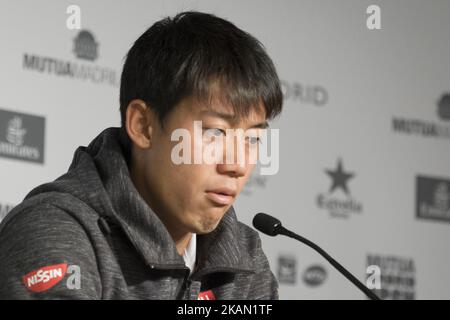 Conférence de presse de Kei Nishikori, sept jours du Mutua Madrid Open de tennis à la Caja Magica sur 12 mai 2017 à Madrid, Espagne. (Photo par Oscar Gonzalez/NurPhoto) *** Veuillez utiliser le crédit du champ de crédit *** Banque D'Images
