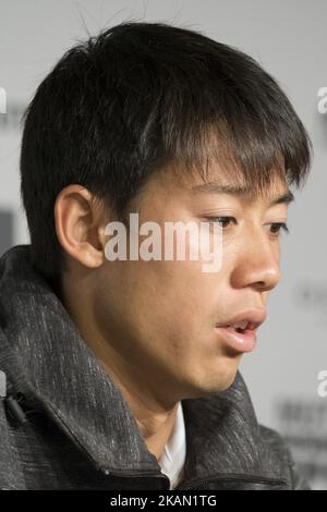 Conférence de presse de Kei Nishikori, sept jours du Mutua Madrid Open de tennis à la Caja Magica sur 12 mai 2017 à Madrid, Espagne. (Photo par Oscar Gonzalez/NurPhoto) *** Veuillez utiliser le crédit du champ de crédit *** Banque D'Images
