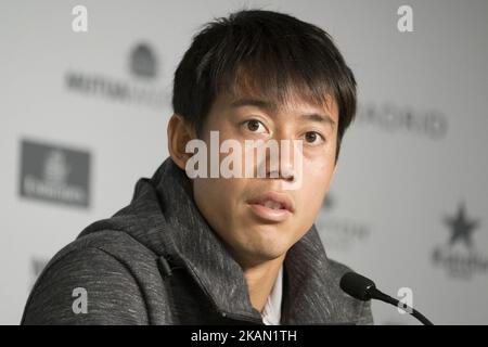 Conférence de presse de Kei Nishikori, sept jours du Mutua Madrid Open de tennis à la Caja Magica sur 12 mai 2017 à Madrid, Espagne. (Photo par Oscar Gonzalez/NurPhoto) *** Veuillez utiliser le crédit du champ de crédit *** Banque D'Images
