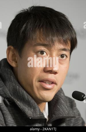Conférence de presse de Kei Nishikori, sept jours du Mutua Madrid Open de tennis à la Caja Magica sur 12 mai 2017 à Madrid, Espagne. (Photo par Oscar Gonzalez/NurPhoto) *** Veuillez utiliser le crédit du champ de crédit *** Banque D'Images
